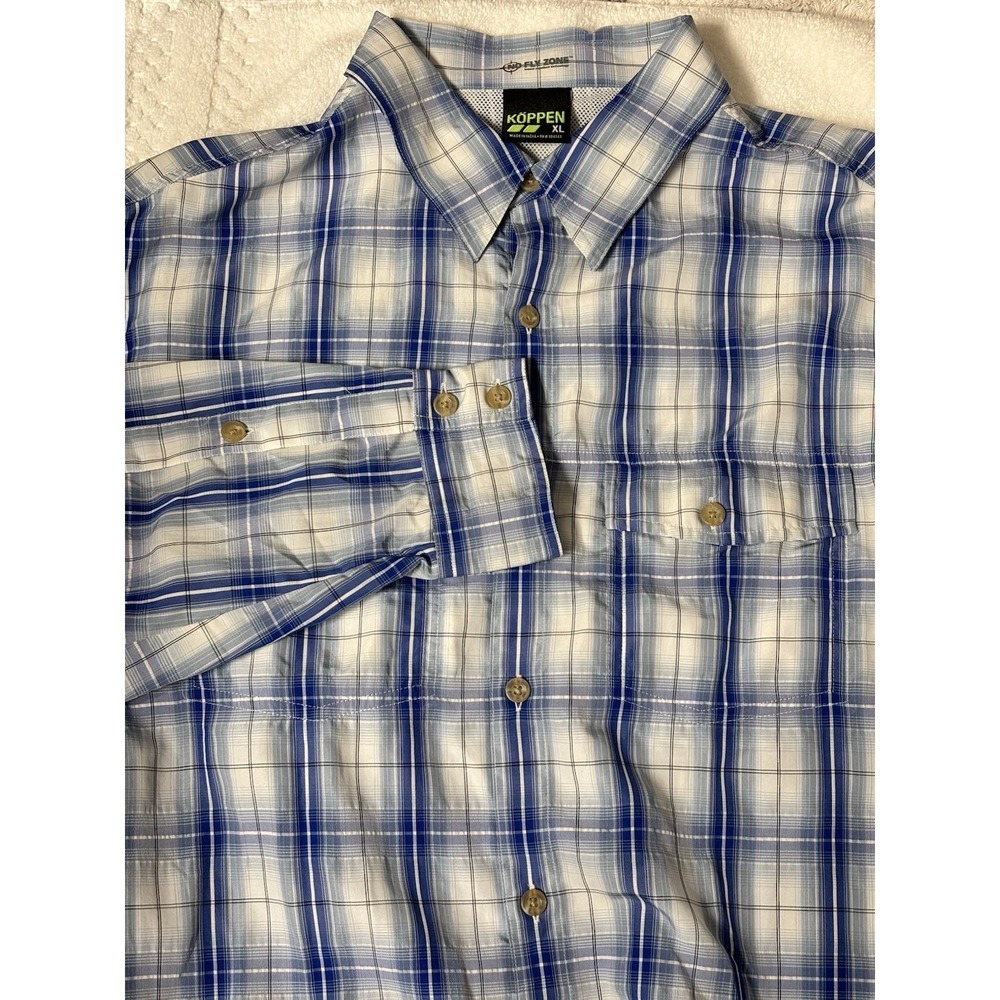 Koppen No Fly Zone Mens XL Blue Plaid Vented Roll Tab Sleeve ‎ Fish Hiking Shirt
